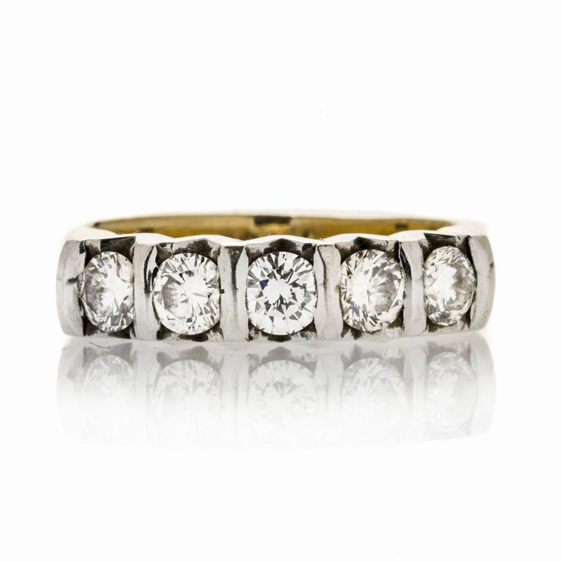 Anello Riviere in Oro Bianco, Oro Giallo e Diamanti