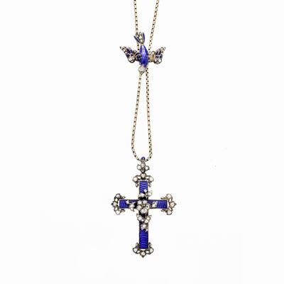 Collana con Croce in Oro a Basso Titolo, Oro Giallo, Argento, Smalto Blu e Diamanti con Catena