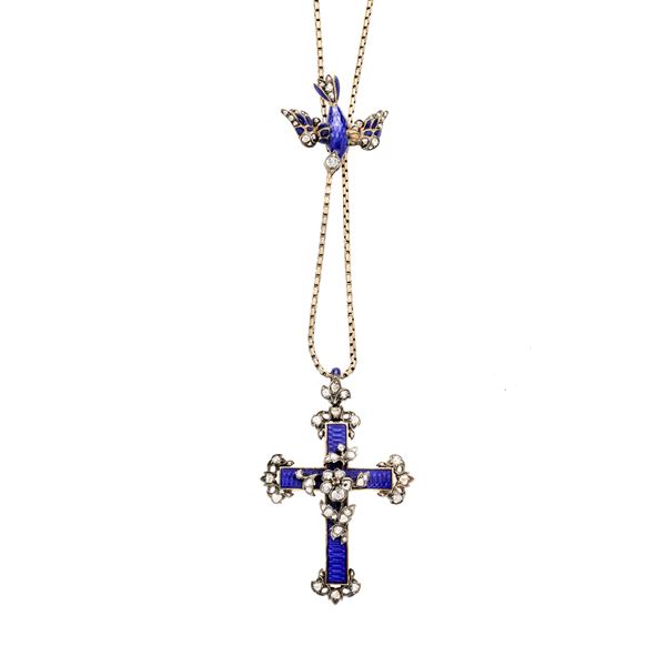 Necklace with cross in low gold, yellow gold, silver, blue enamel and diamonds with chain