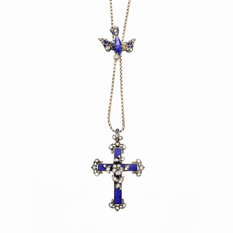 Collana con Croce in Oro a Basso Titolo, Oro Giallo, Argento, Smalto Blu e Diamanti con Catena