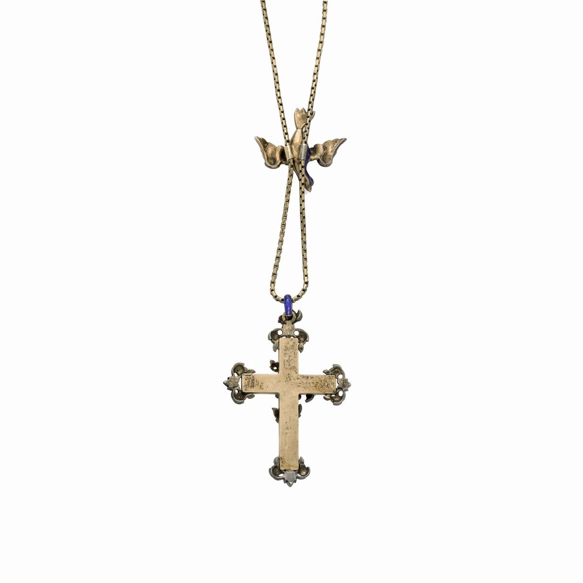 Collana con Croce in Oro a Basso Titolo, Oro Giallo, Argento, Smalto Blu e Diamanti con Catena