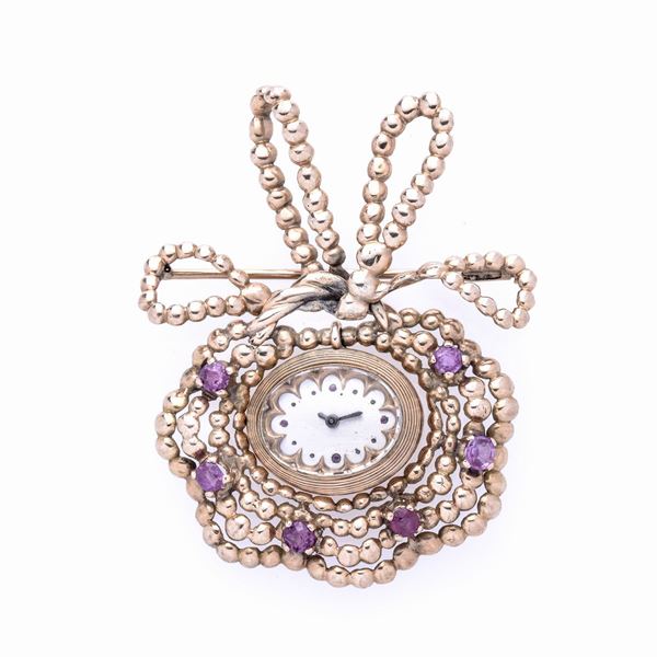 Clock brooch in yellow gold, stones and rubies