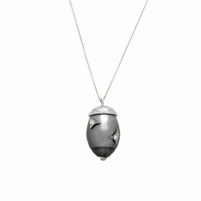 Pendente Ovale in Oro Bianco, Diamanti e Perla Tahiti
