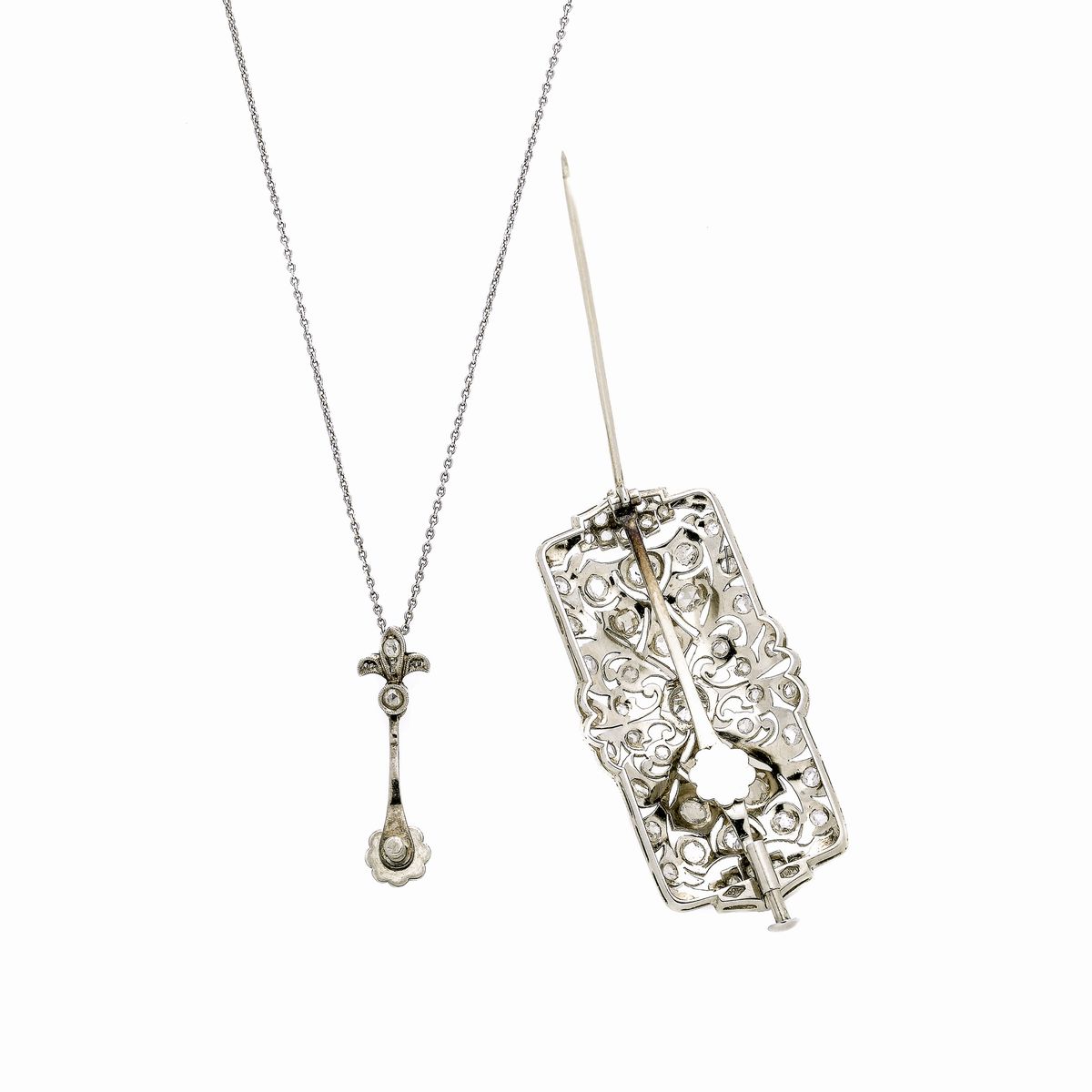 Spilla Pendente in Oro Bianco e Diamanti