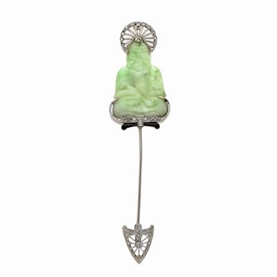 Jabot Pin in Oro Bianco, Diamanti, Smalto Nero e Giada