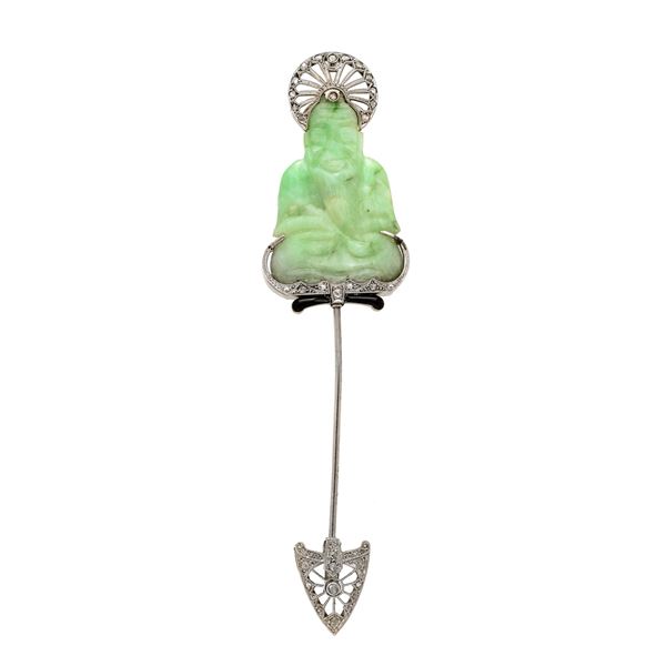 Jabot Pin in white gold, diamonds, black enamel and jade  - Auction Jewelery auction, Gemstones and Wristwatches from a Veronese Collection - Curio - Casa d'aste in Firenze