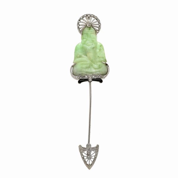 Jabot Pin in white gold, diamonds, black enamel and jade