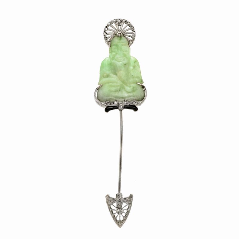Jabot Pin in Oro Bianco, Diamanti, Smalto Nero e Giada