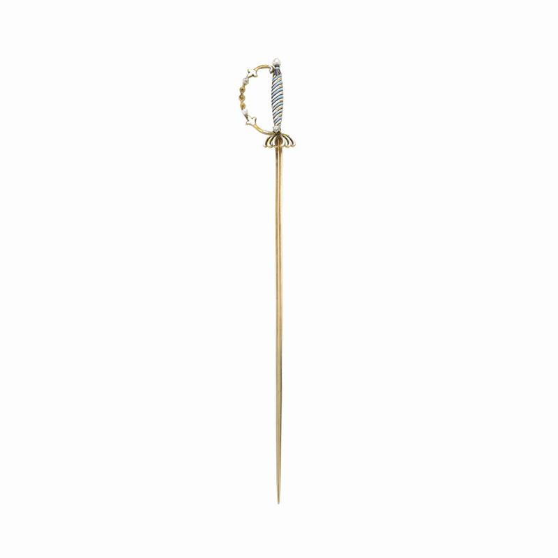 Spillone da Cappello in Oro a Basso Titolo, Diamante, Microperle e Smalti Colorati