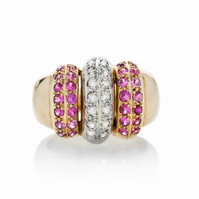 Anello in Oro Rosa, Oro Bianco, Diamanti e Pietre Rosse