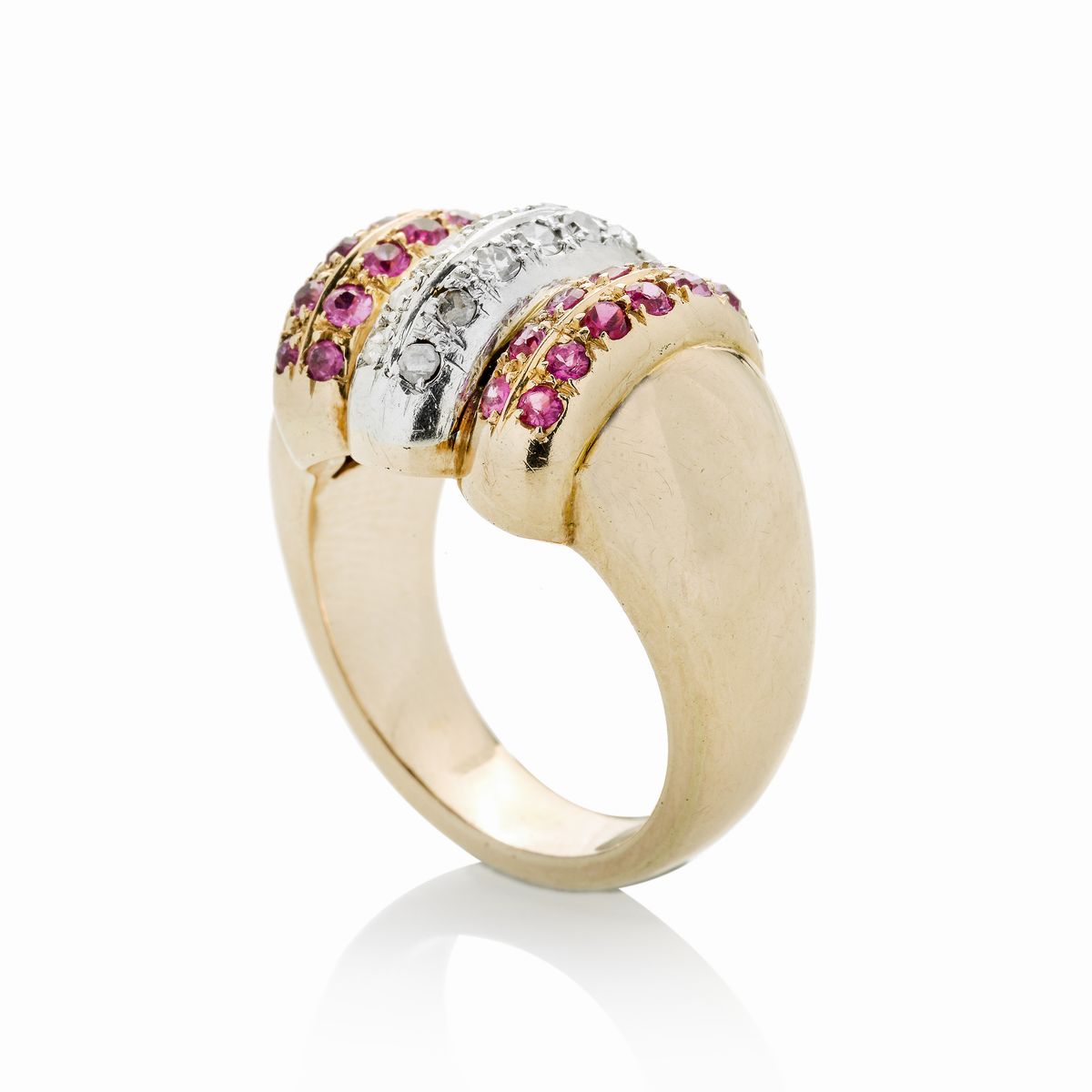 Anello in Oro Rosa, Oro Bianco, Diamanti e Pietre Rosse