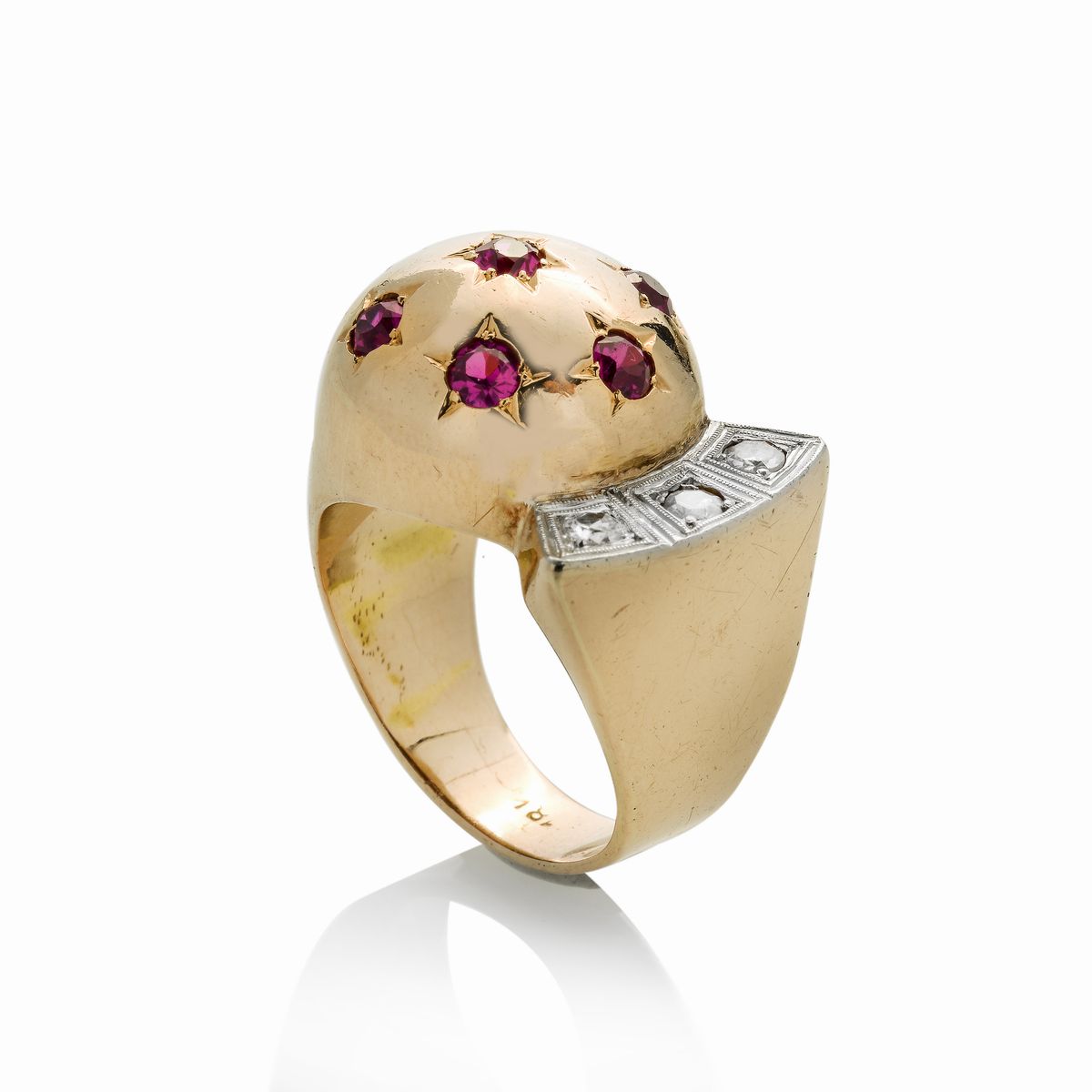Anello in Oro Giallo, Oro Bianco, Diamanti e Pietre Rosse