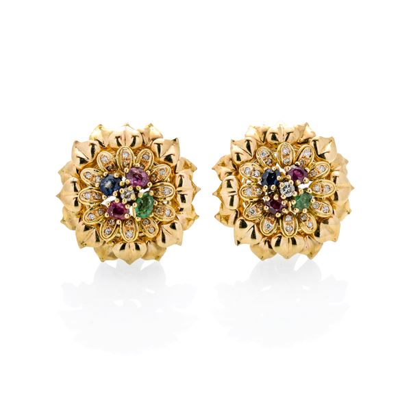 Pair of clip-on earrings in yellow gold, diamonds, rubies, sapphires and emeralds