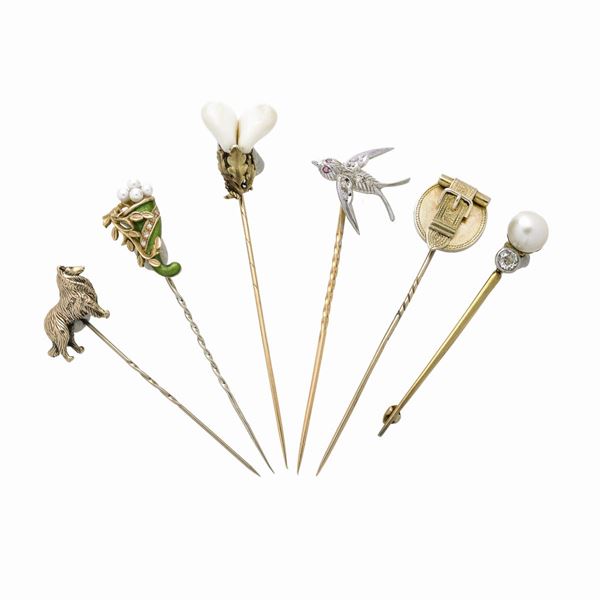 Lot of six tie pins in yellow gold, low-grade gold, diamonds, pearls, enamel and stones