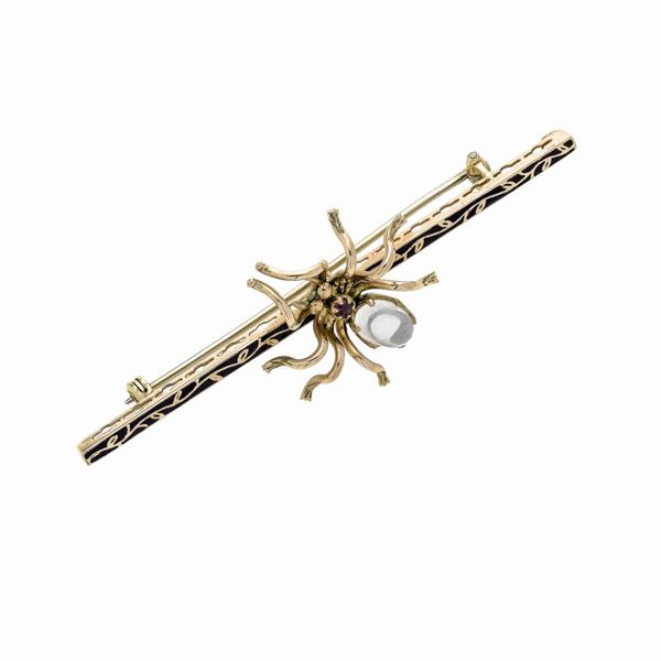 Brooch in low-title gold, ruby, enamel and Moonstone
