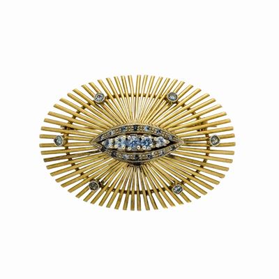 Spilla in Oro Giallo, Oro Bianco e Quarzo Azzurro