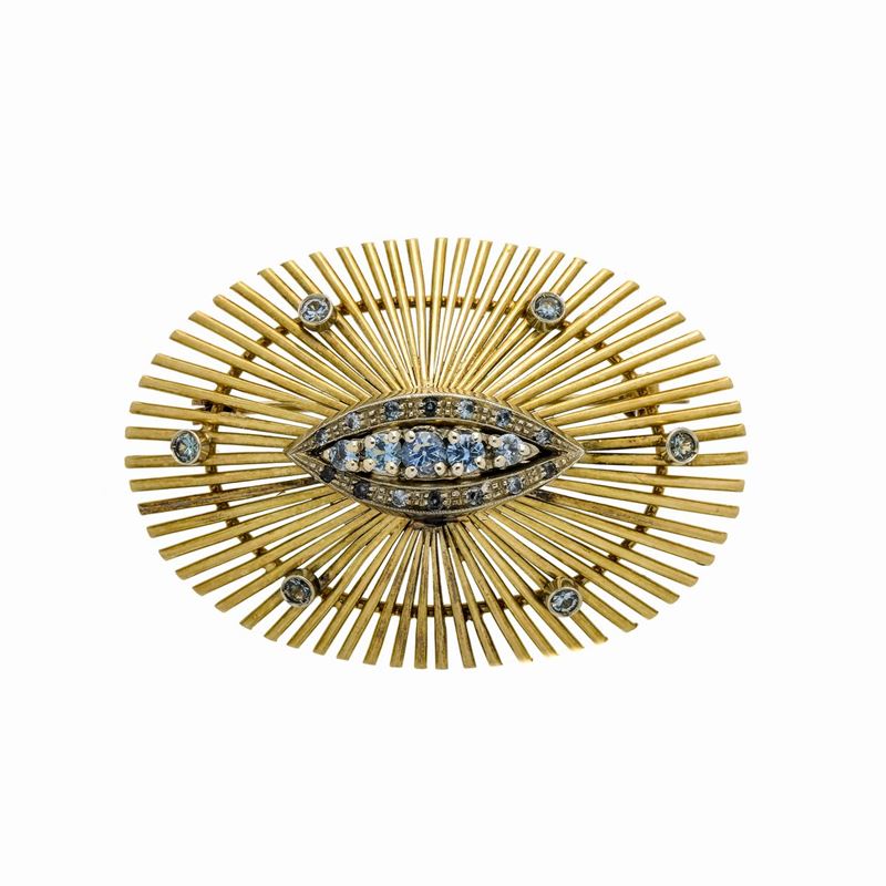 Spilla in Oro Giallo, Oro Bianco e Quarzo Azzurro