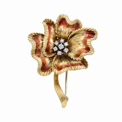 Spilla a Fiore in Oro Giallo, Diamanti e Smalti Tiffany&co