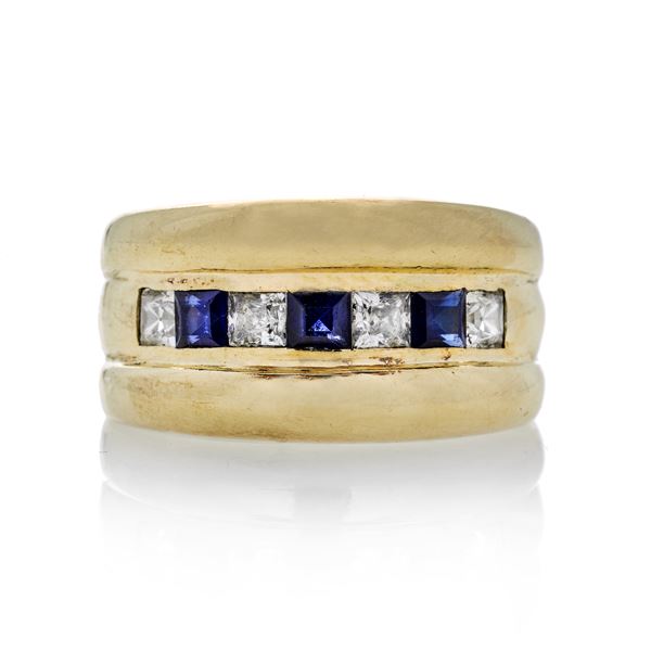 Band ring in yellow gold, diamonds and sapphires