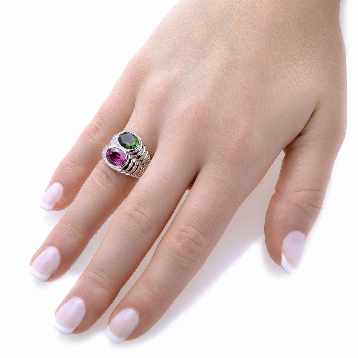 Anello in Oro Bianco, Tormalina Verde e Tormalina Rosa Doppio Baccellato Bulgari