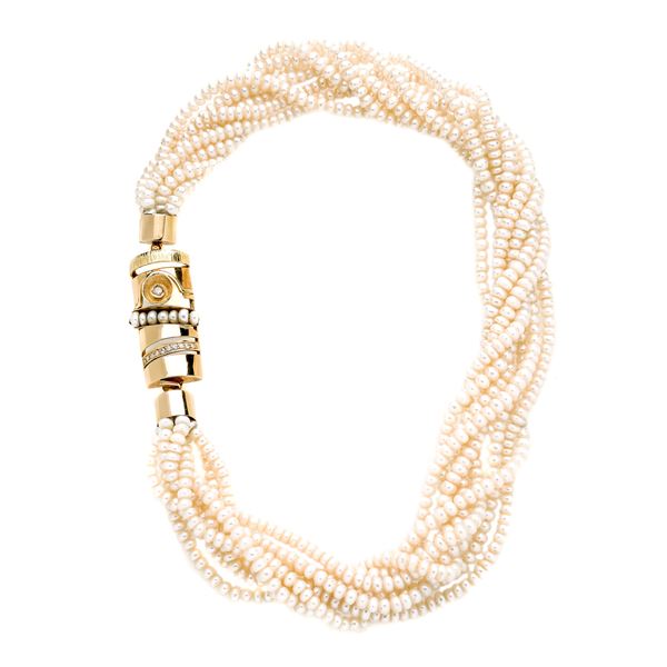 Millefili necklace with river pearls, yellow gold and diamonds