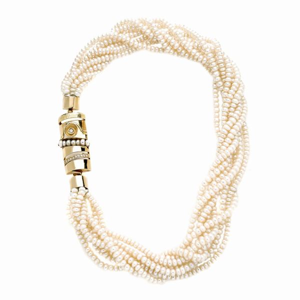 Millefili necklace with river pearls, yellow gold and diamonds