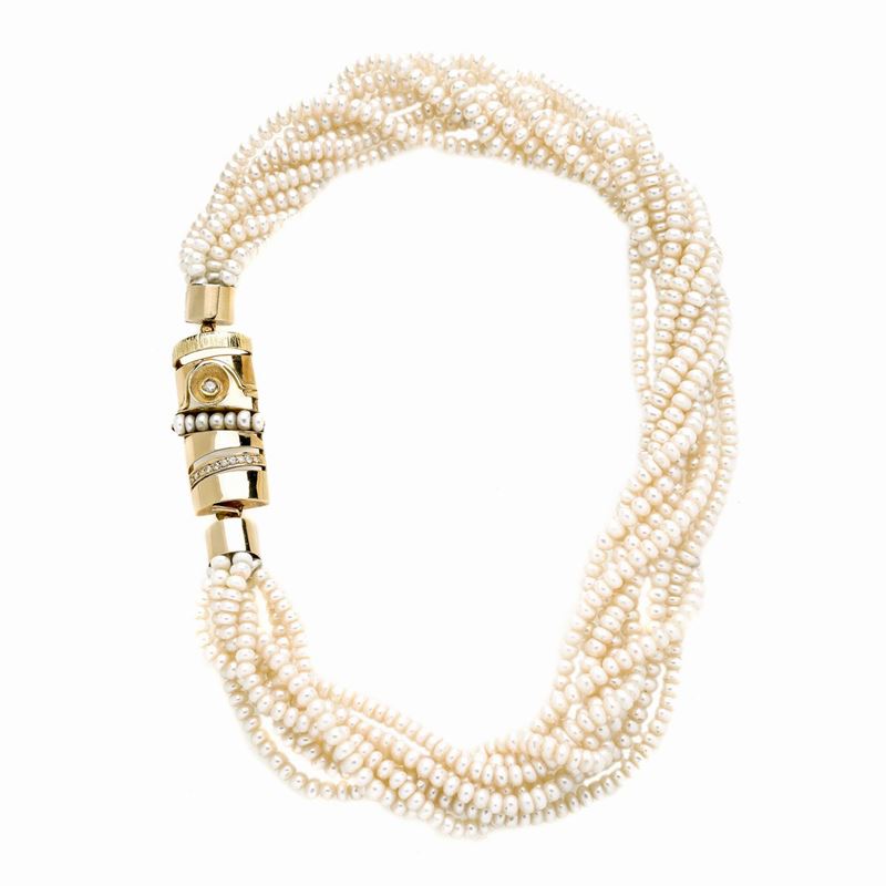 Collana Millefili con Perle di Fiume, Oro Giallo e Diamanti