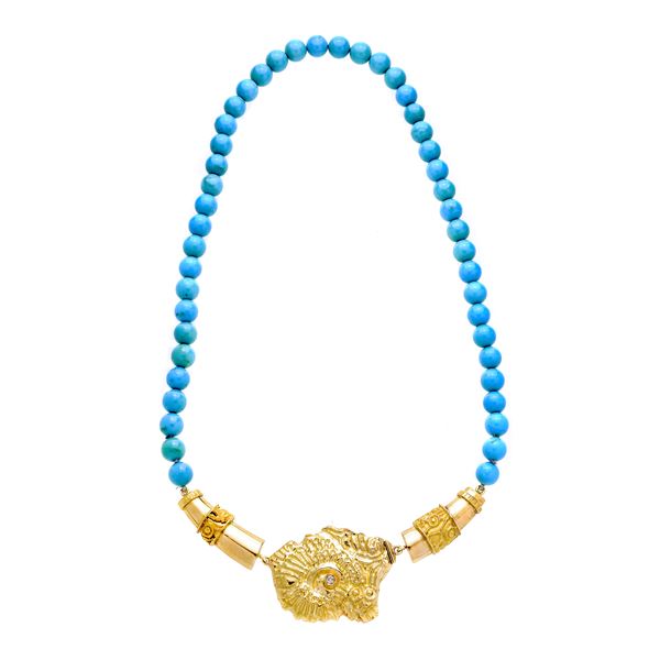 Necklace in yellow gold and turquoise