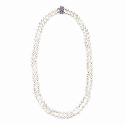 Collana in Perle Coltivate, Oro Bianco e Rubini