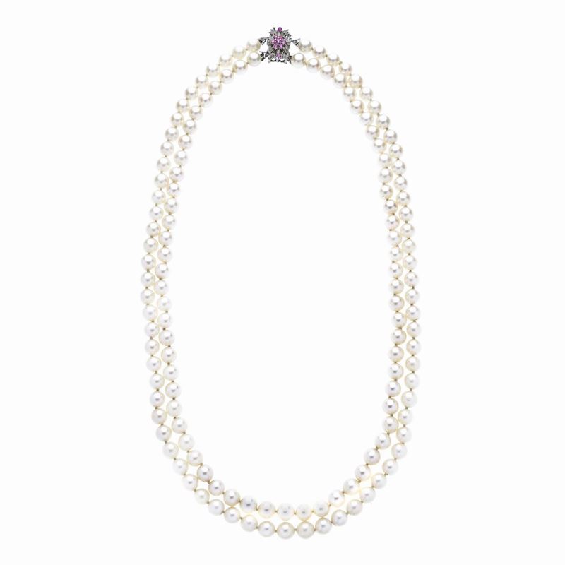 Collana in Perle Coltivate, Oro Bianco e Rubini