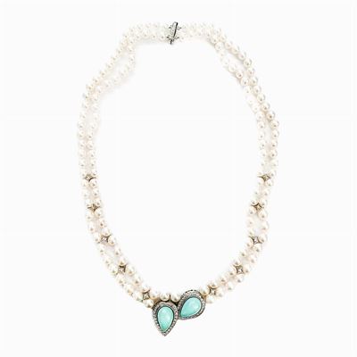 Collana in Perle,oro Giallo, Oro Bianco, Diamanti e Pasta di Turchese