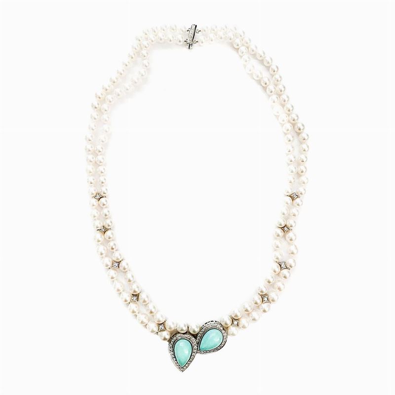 Collana in Perle,oro Giallo, Oro Bianco, Diamanti e Pasta di Turchese