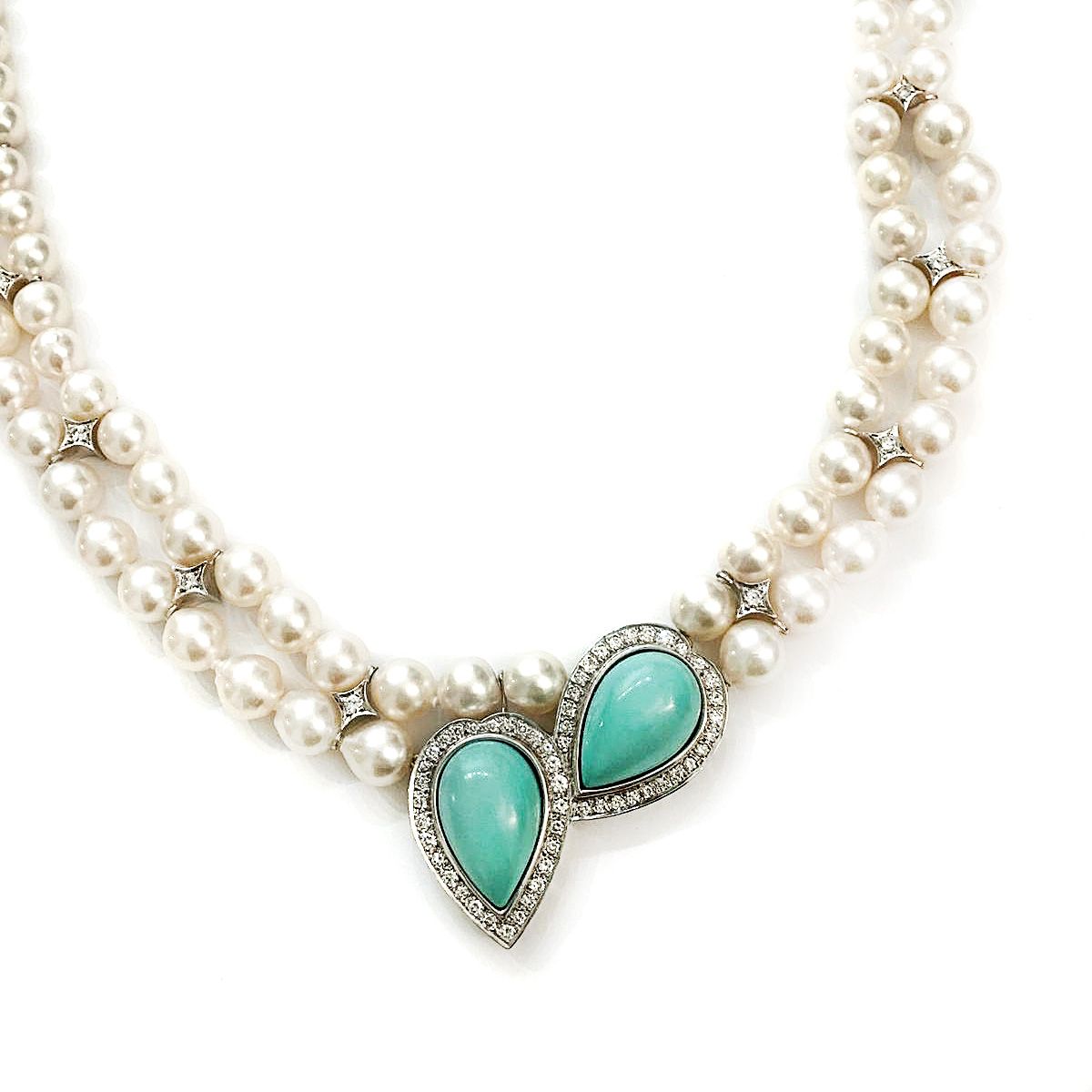 Collana in Perle,oro Giallo, Oro Bianco, Diamanti e Pasta di Turchese