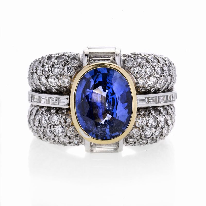 Anello in Oro Bianco, Oro Giallo, Diamanti e Zaffiro