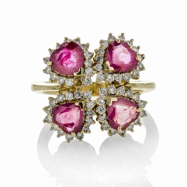 Ring in yellow gold, diamonds and rubies