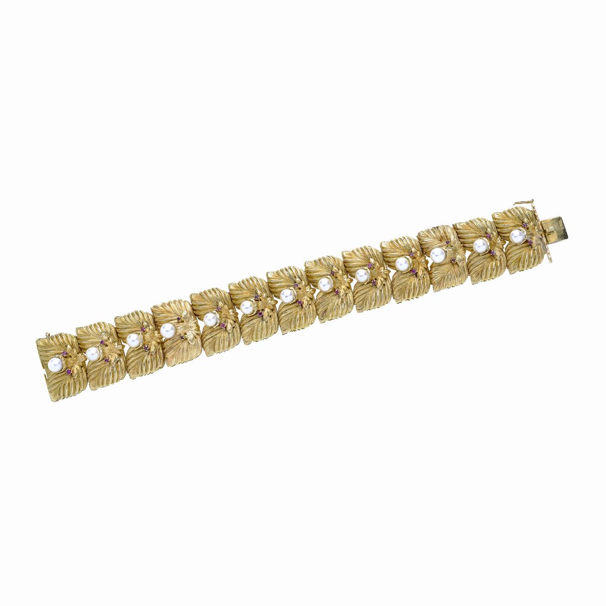 Grande Bracciale in Oro Giallo, Perle Coltivate e Pietre Rosse