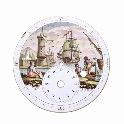 Quadrante di Orologio in Porcellana e Smalto Dipinto con Scena Nordica