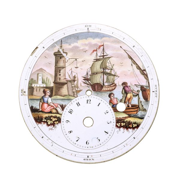 Quadrante di orologio in porcellana e smalto dipinto con scena nordica