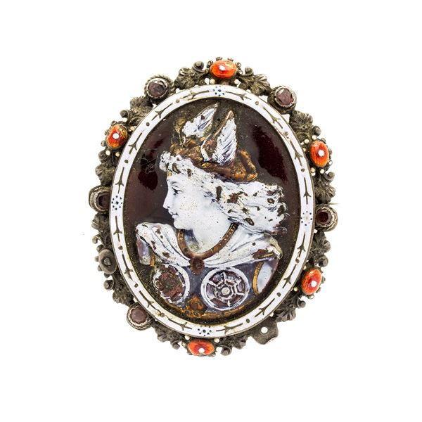 Cameo brooch in silver and colored enamels