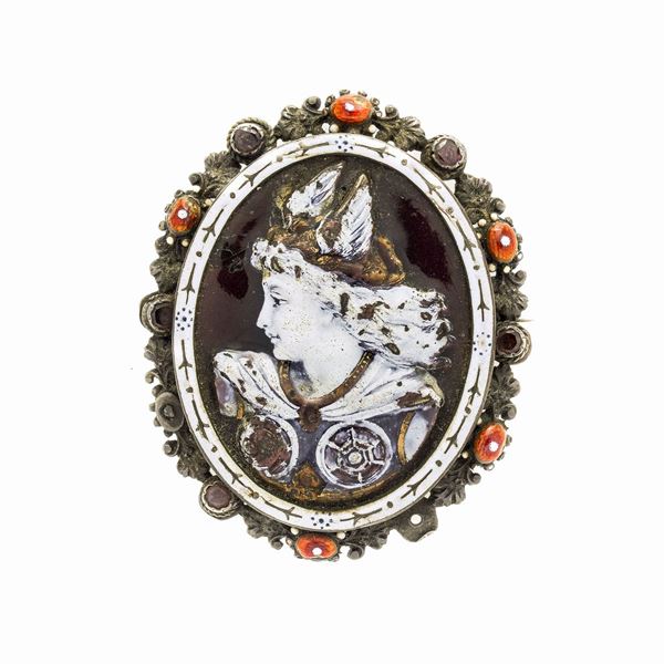 Cameo brooch in silver and colored enamels