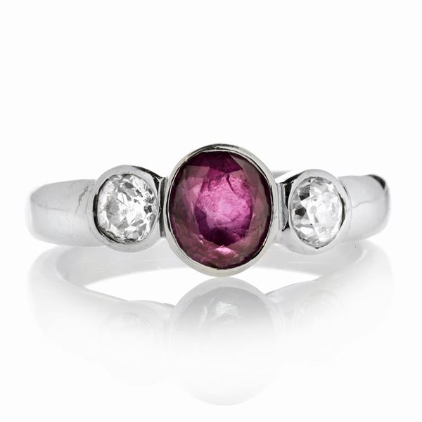 Ring in white gold, diamonds and ruby