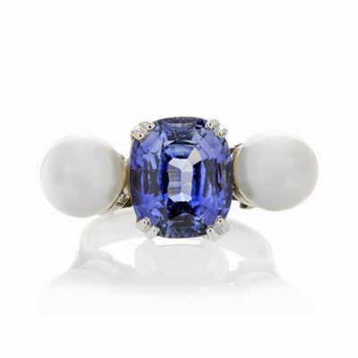Anello a Ponte in Oro Bianco, Perle e Quarzo Azzurro