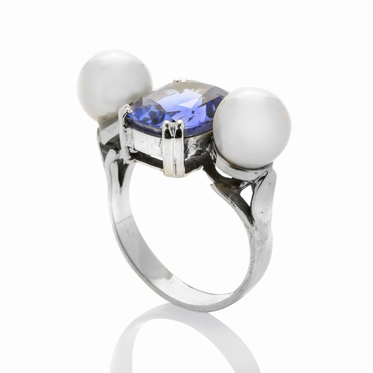 Anello a Ponte in Oro Bianco, Perle e Quarzo Azzurro