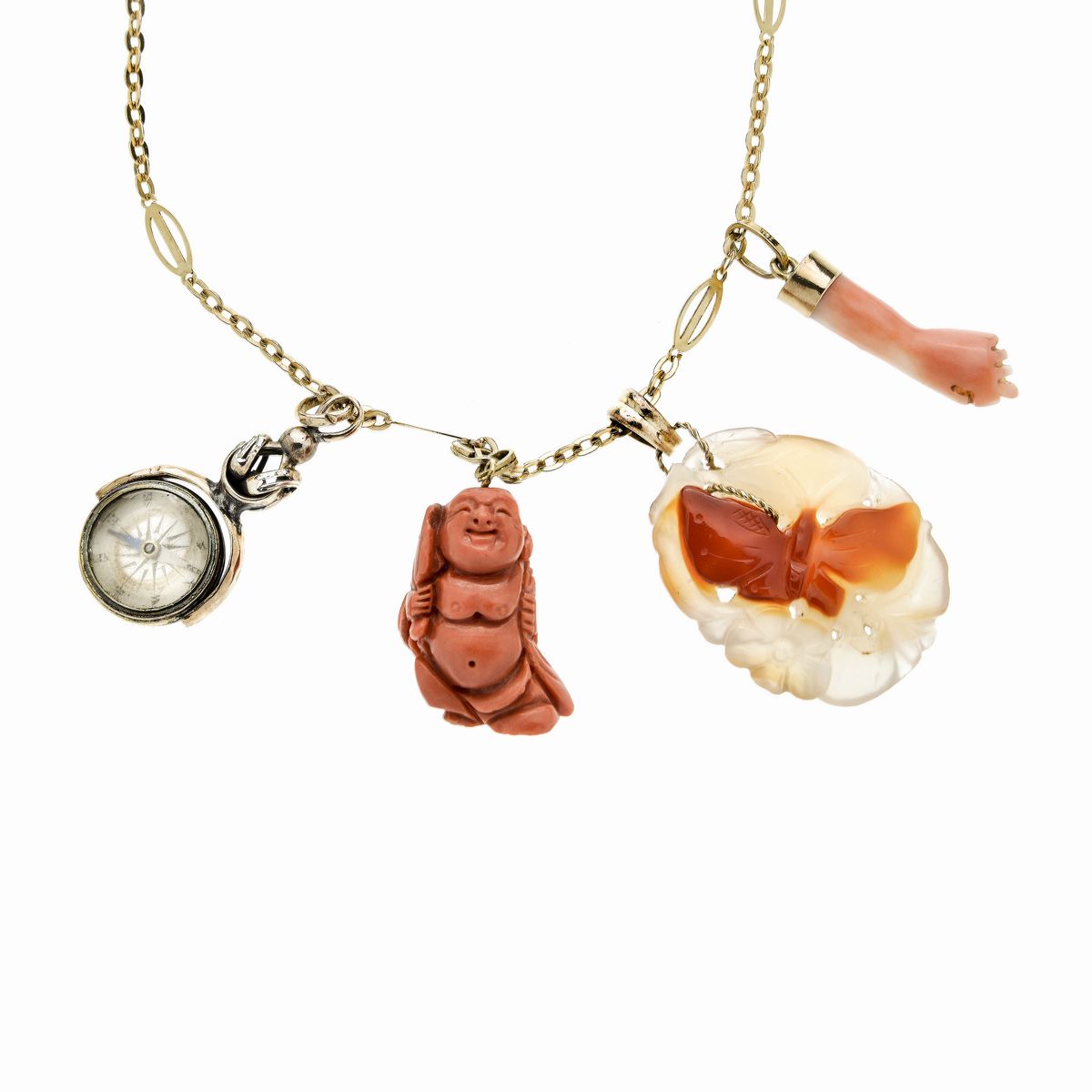 Catena in Oro Giallo con Charms in Corallo Rosso e Pietra Dura