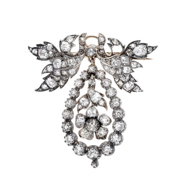 Brooch in low title gold, silver and diamonds