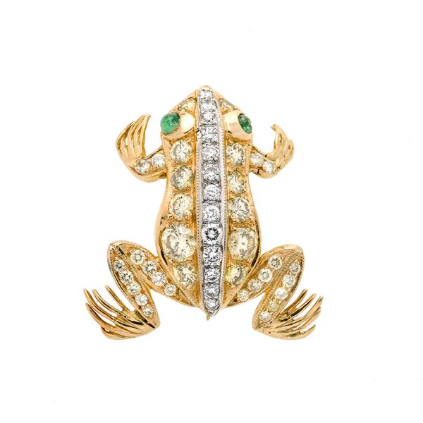 Frog brooch in yellow gold, diamonds, fancy diamonds and emeralds