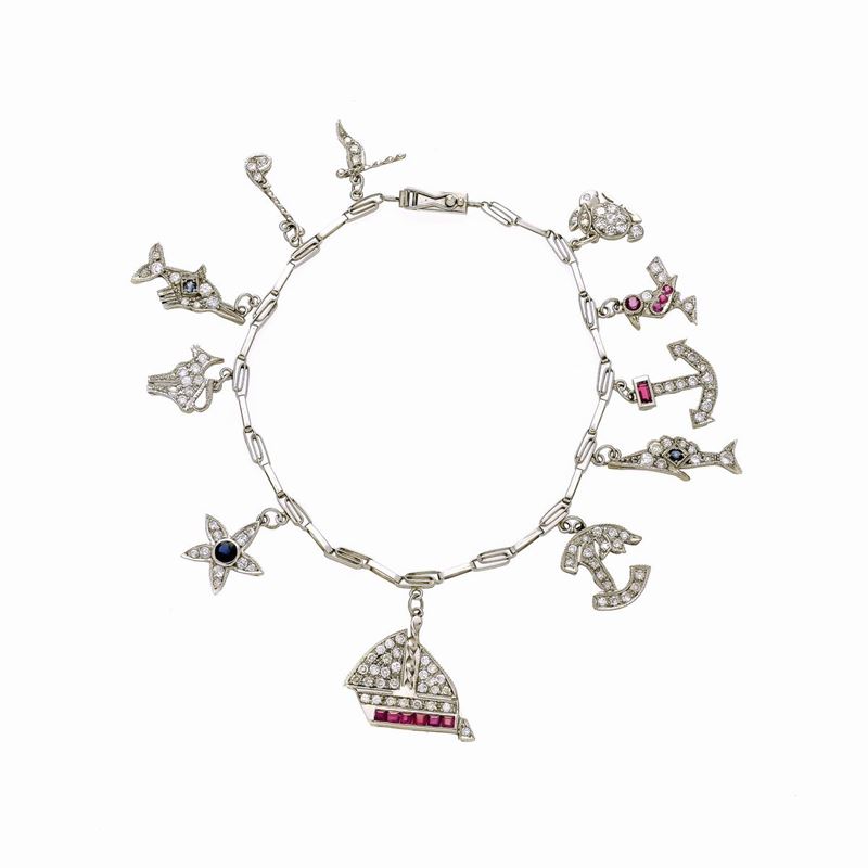 Bracciale in Oro Bianco, Platino, Diamanti, Zaffiri e Rubini