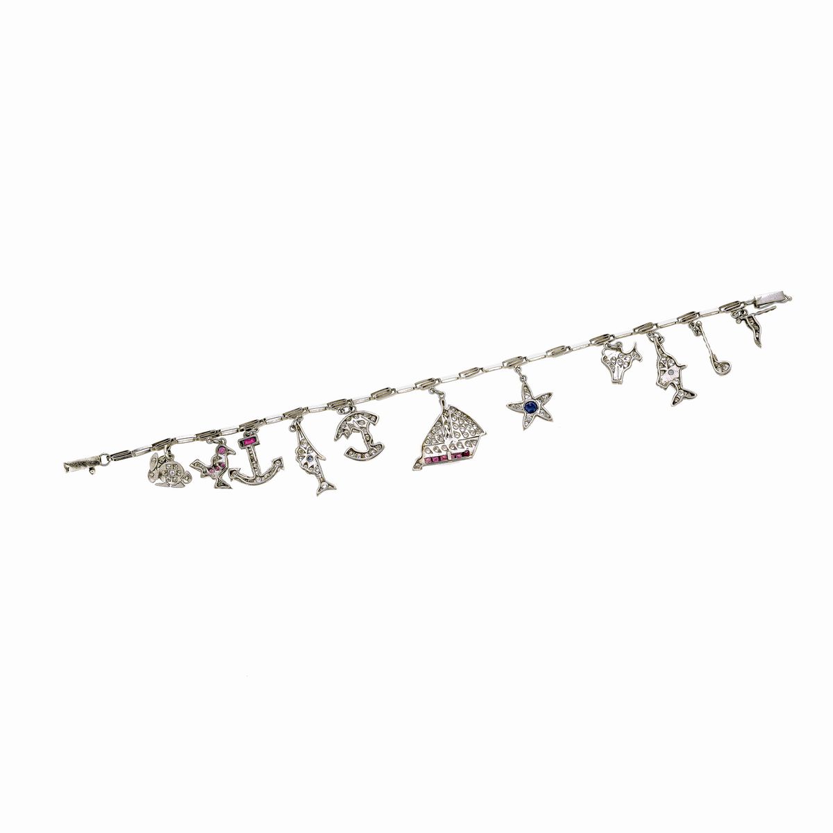 Bracciale in Oro Bianco, Platino, Diamanti, Zaffiri e Rubini