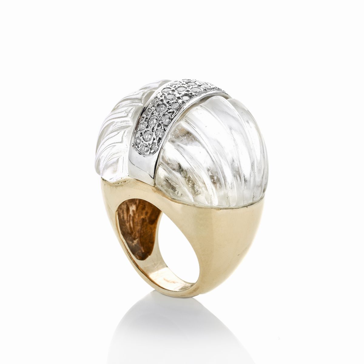 Grande Anello in Oro Giallo, Cristallo di Rocca e Diamanti