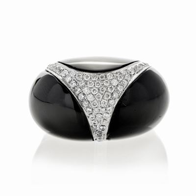 Grande Anello in Oro Bianco, Onice e Diamanti